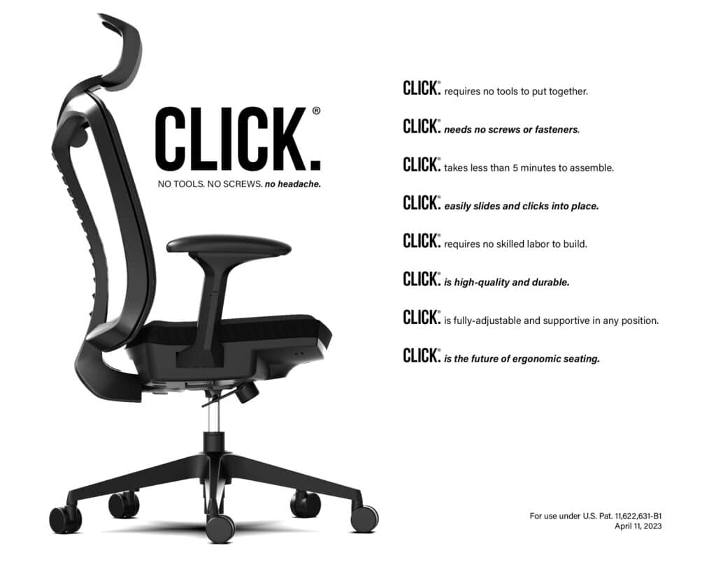 Click chair ad with black office chair and text.